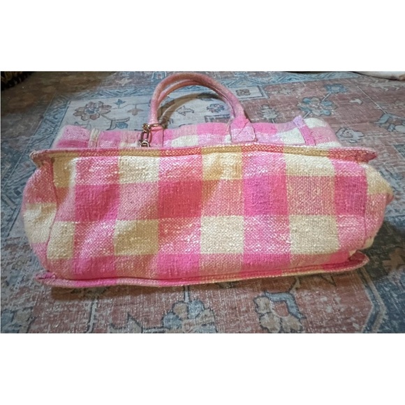 SANDRO Kasbah Gingham Pink & Cream Cotton Tote Bag w/ Gold Bag Charm - Picture 10 of 16